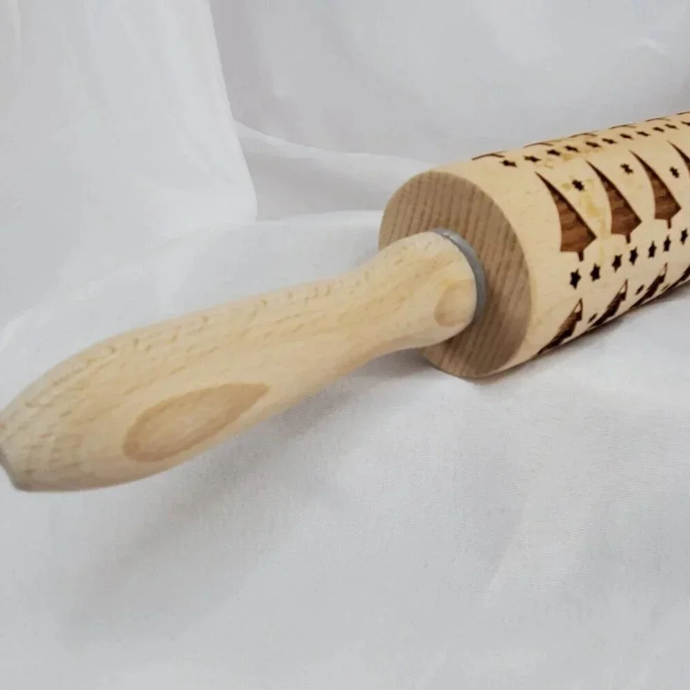 Embossed Rolling Pins for Baking Christmas Tree Engraved Wooden Rolling
